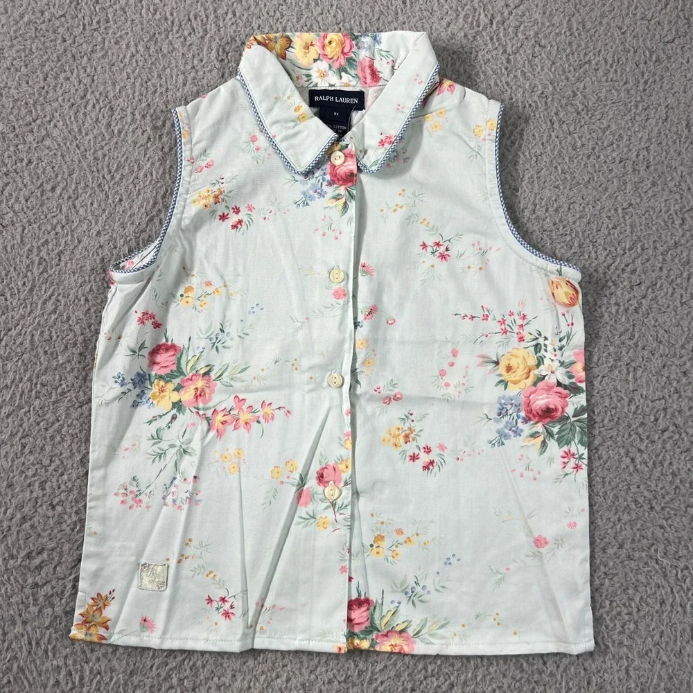 Ralph Lauren Avignon Shirt Girls 6X Mint Green Floral Sleeveless Cotton Gingham